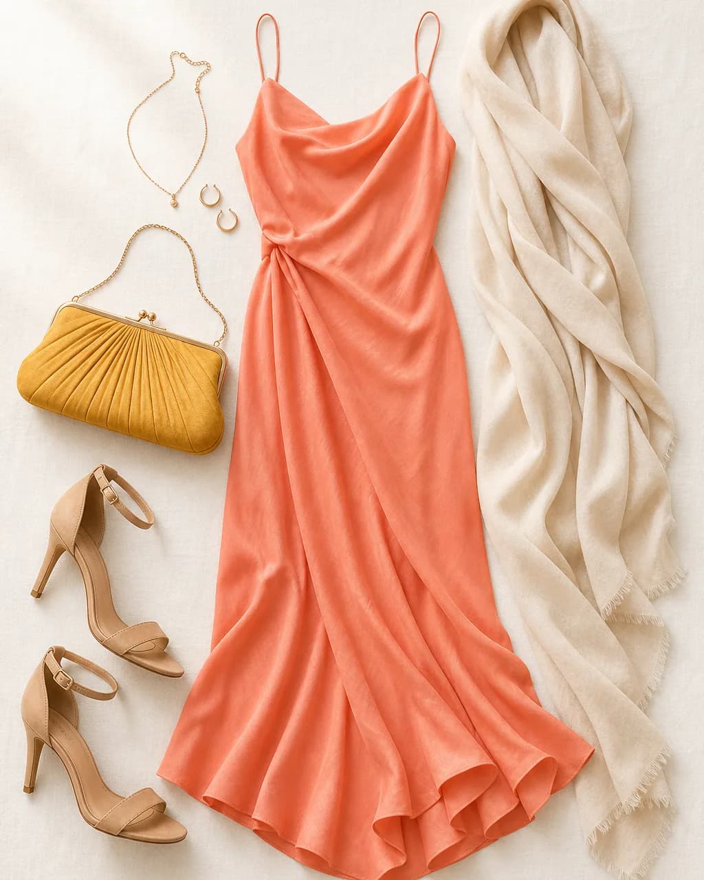 Light Spring evening outfit: dress in Coral #EB8C6A, wrap in Ivory #E9DED0, heels in Camel #C2A882, clutch in Goldenrod #E5C04B