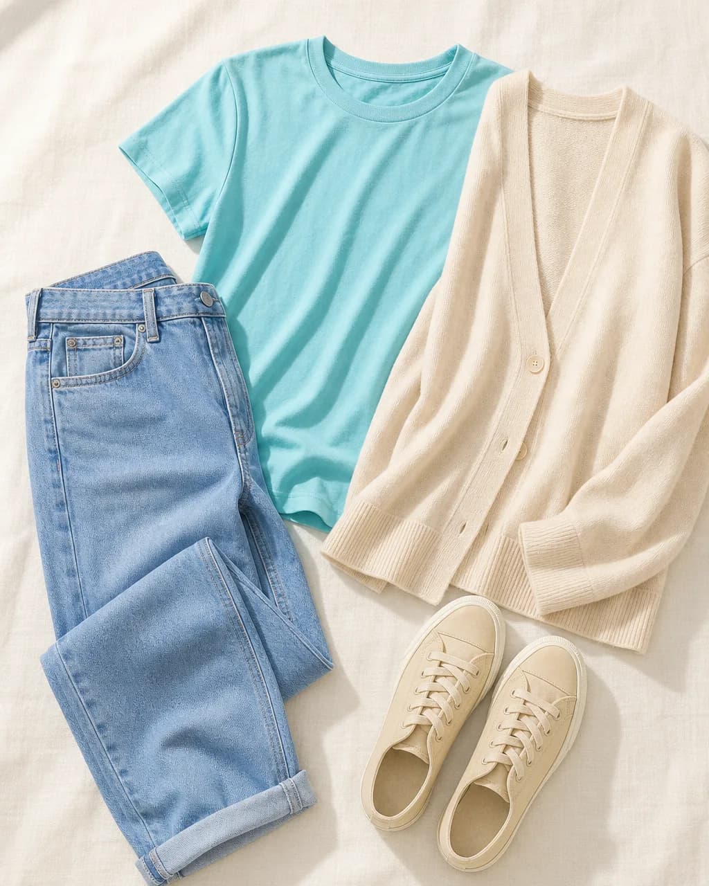 Light Spring everyday outfit: t-shirt in Aqua #7DC8D8, jeans (light-wash) in Periwinkle #759BC8, cardigan in Ivory #E9DED0, sneakers in Vanilla #D9CCA8