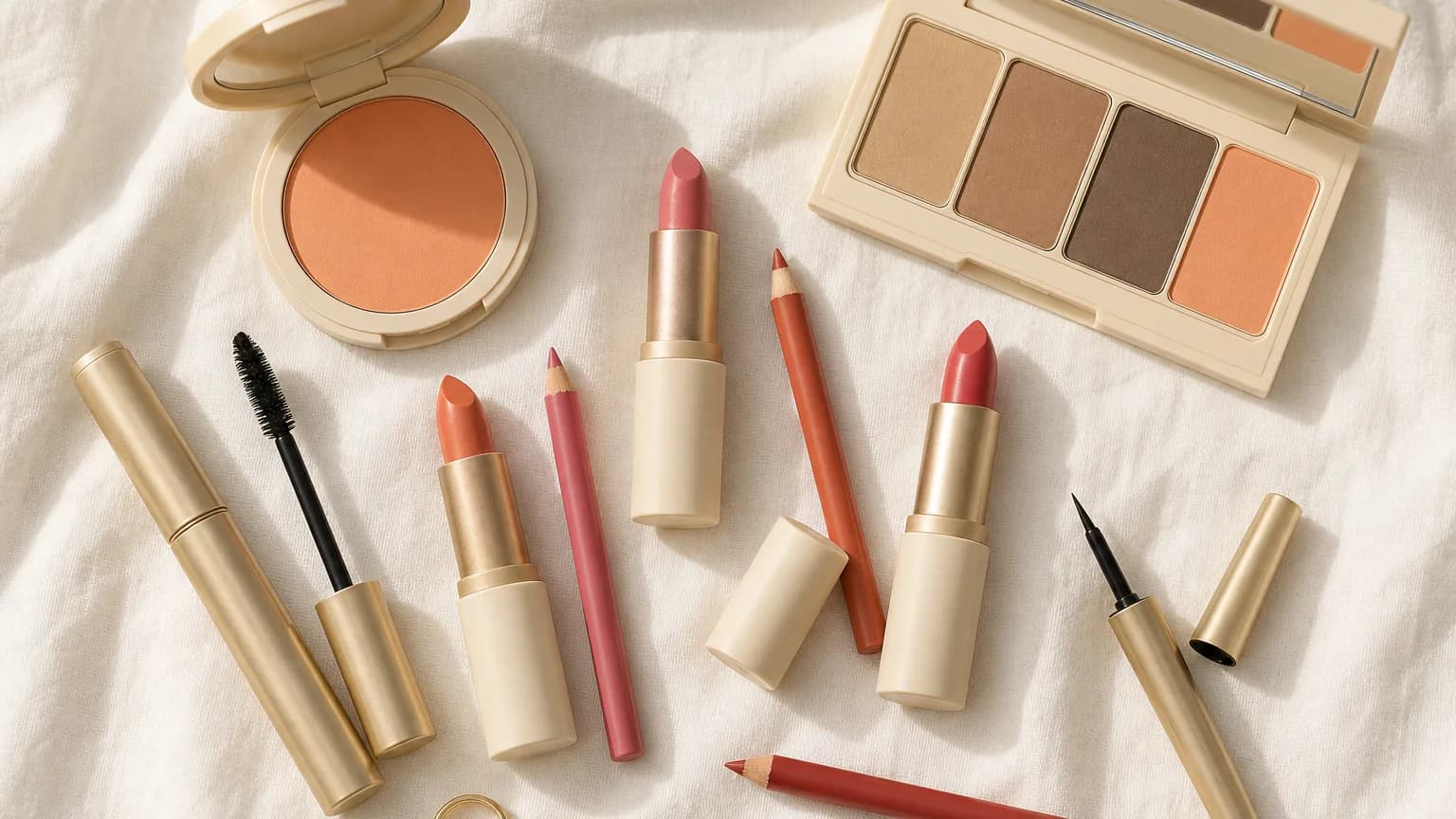 Light Spring makeup: lips in Coral #EB8C6A, Rose #DA8CA0, Coral Red #E05850; eyes in Camel #C2A882, Toffee #A88868, Taupe #7A6858
