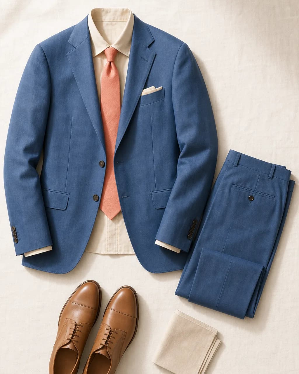 Light Spring men's outfit: suit in Royal Blue #4E6BA0, shirt in Ivory #E9DED0, tie in Coral #EB8C6A, shoes in Toffee #A88868