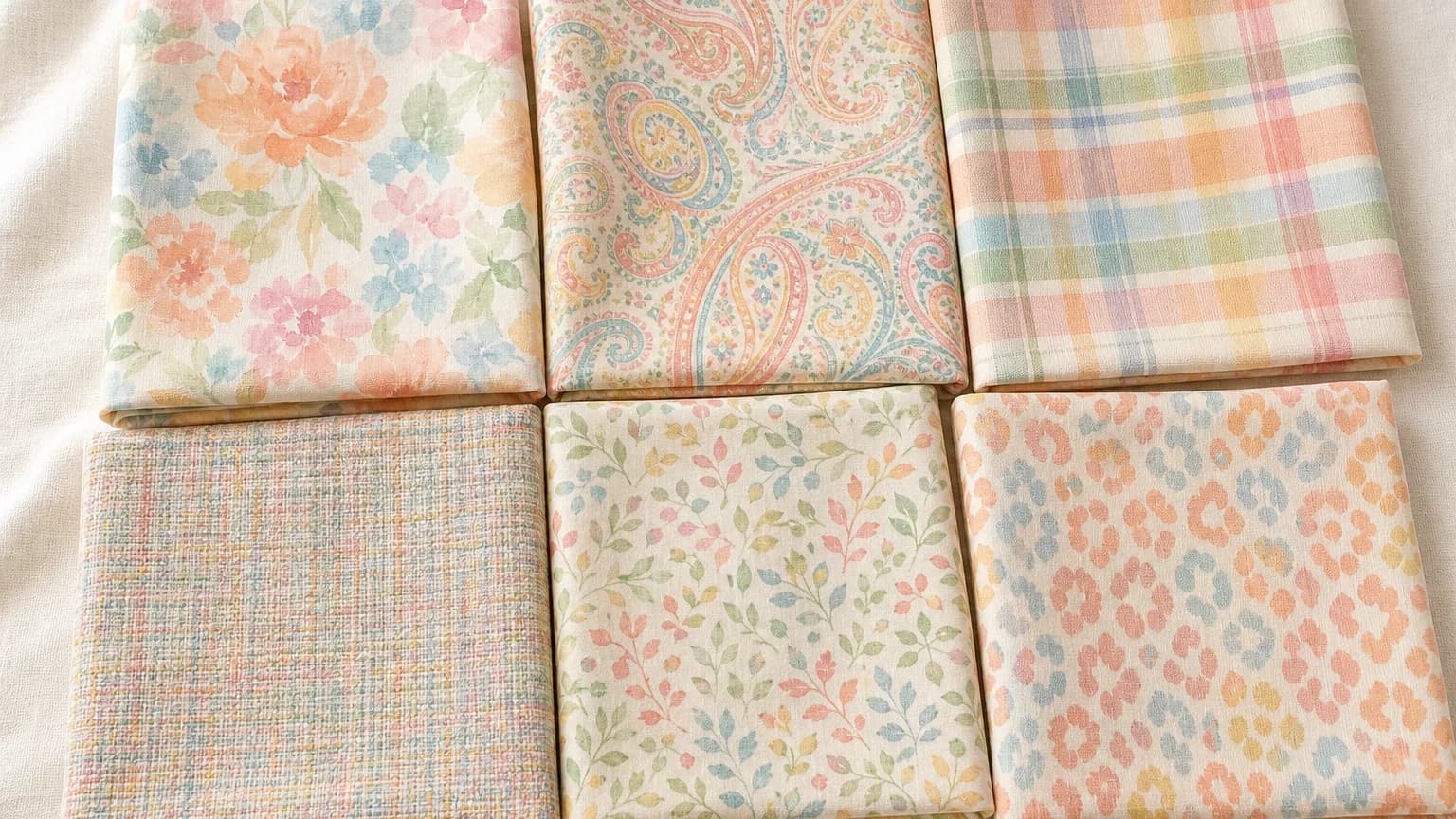 Light Spring prints: watercolor floral, tonal paisley, plaid, tweed and leaf print in Peach #EDA064, Aqua #7DC8D8, Buttercup #F5E67B, Spring Green #8FC878