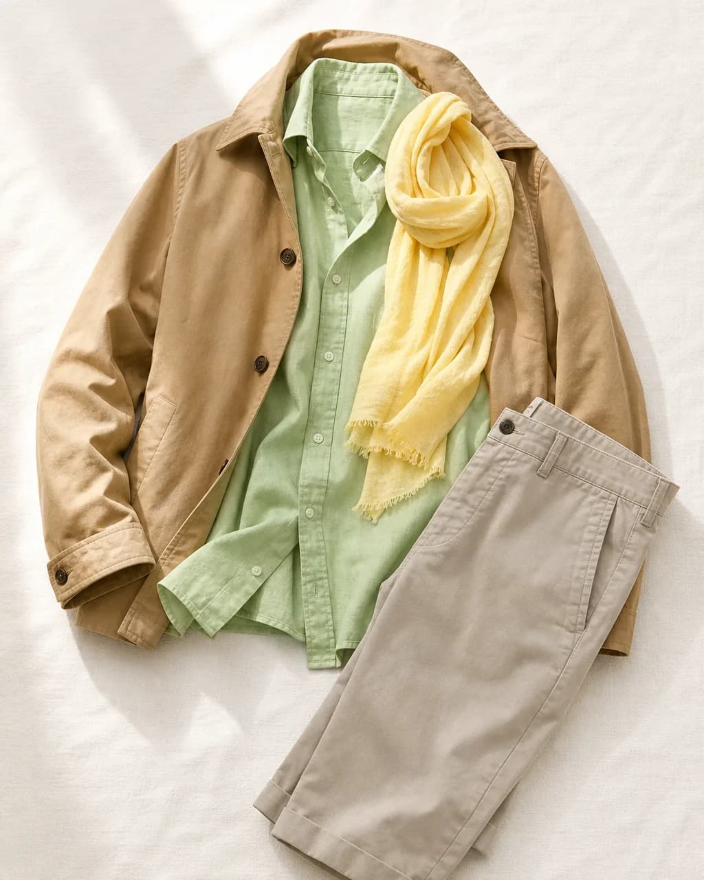 Light Spring weekend outfit: linen shirt in Light Green #B5D89A, chinos in Stone #B8B0A0, jacket in Camel #C2A882, scarf in Buttercup #F5E67B