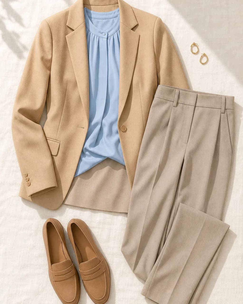 Light Spring work outfit: blazer in Camel #C2A882, blouse in Sky Blue #9FBCD8, trousers in Stone #B8B0A0, loafers in Toffee #A88868