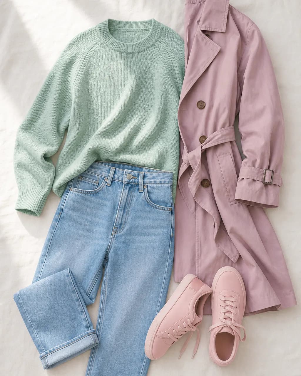 Light Summer everyday outfit: knit sweater in Mint #8FC4AD, jeans (light-wash) in Cornflower #5B9AC4, trench coat in Dusty Rose #C7A5B8, sneakers in Soft Pink #EBAFB8