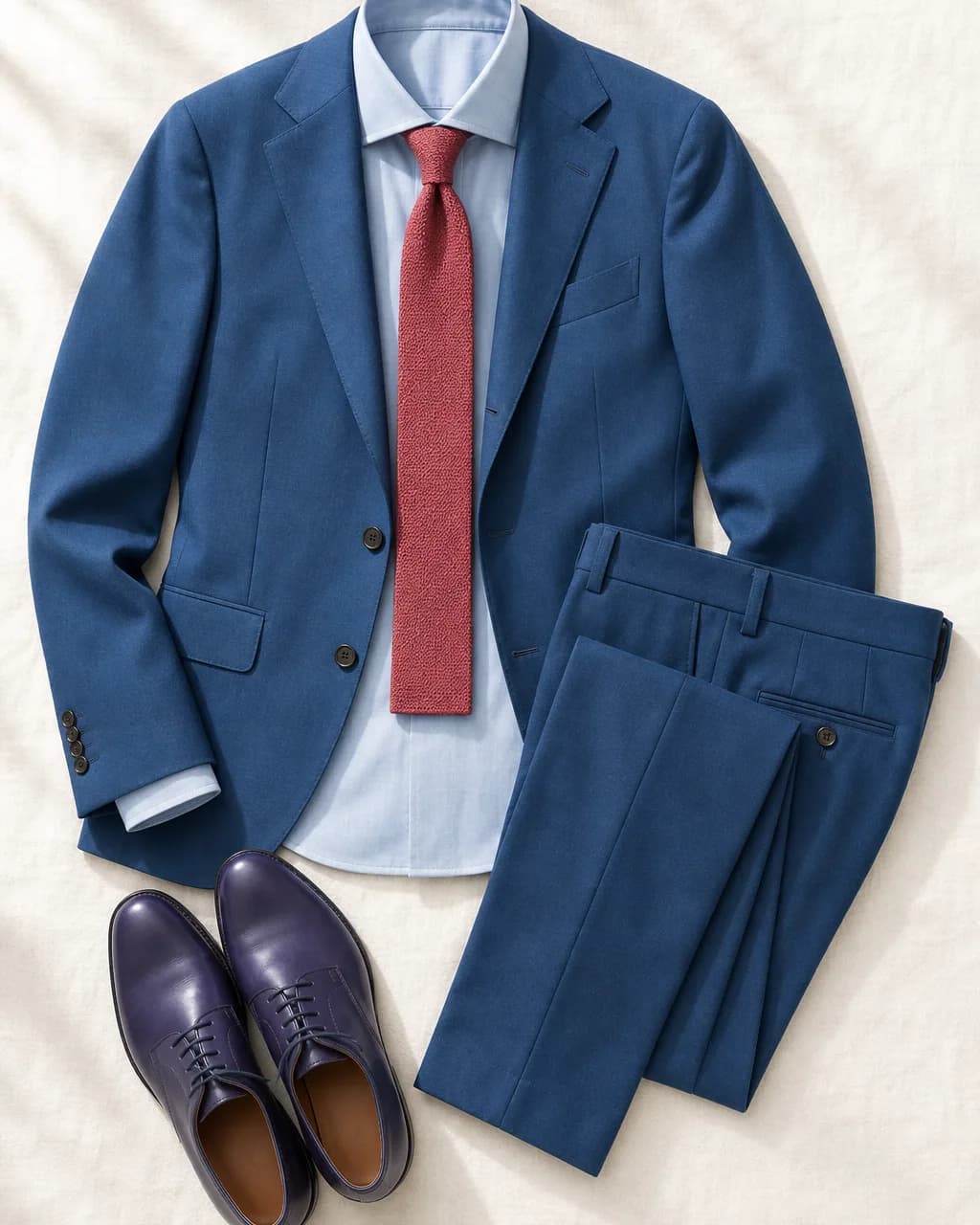 Light Summer men's outfit: suit in Deep Blue #2A5B87, shirt in Soft Periwinkle #9BB4D4, knit tie in Deep Rose #B53E4D, shoes in Navy Purple #4D4470