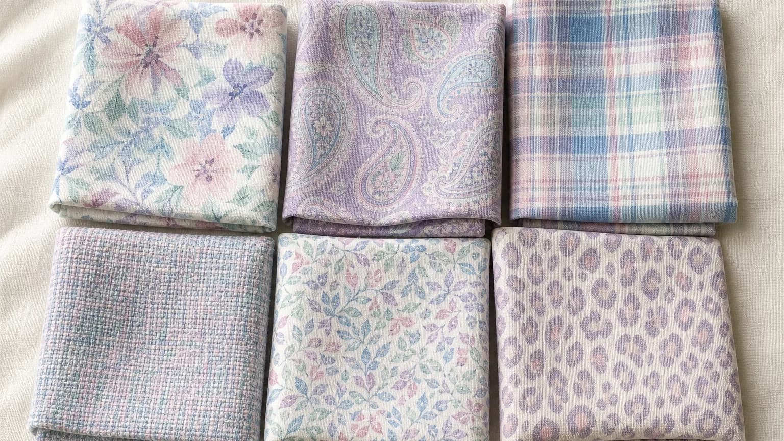 Light Summer prints: watercolor floral, tonal paisley, plaid, tweed and leaf print in Sky Blue #7FCCE5, Soft Pink #EBAFB8, Lavender #9D7FB5, Mint #8FC4AD