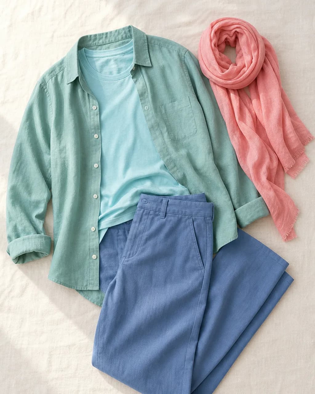Light Summer weekend outfit: overshirt in Sage Green #7DB5A9, t-shirt in Aqua #9DD5DD, trousers in Cool Blue #6585B0, scarf in Coral Pink #F49999