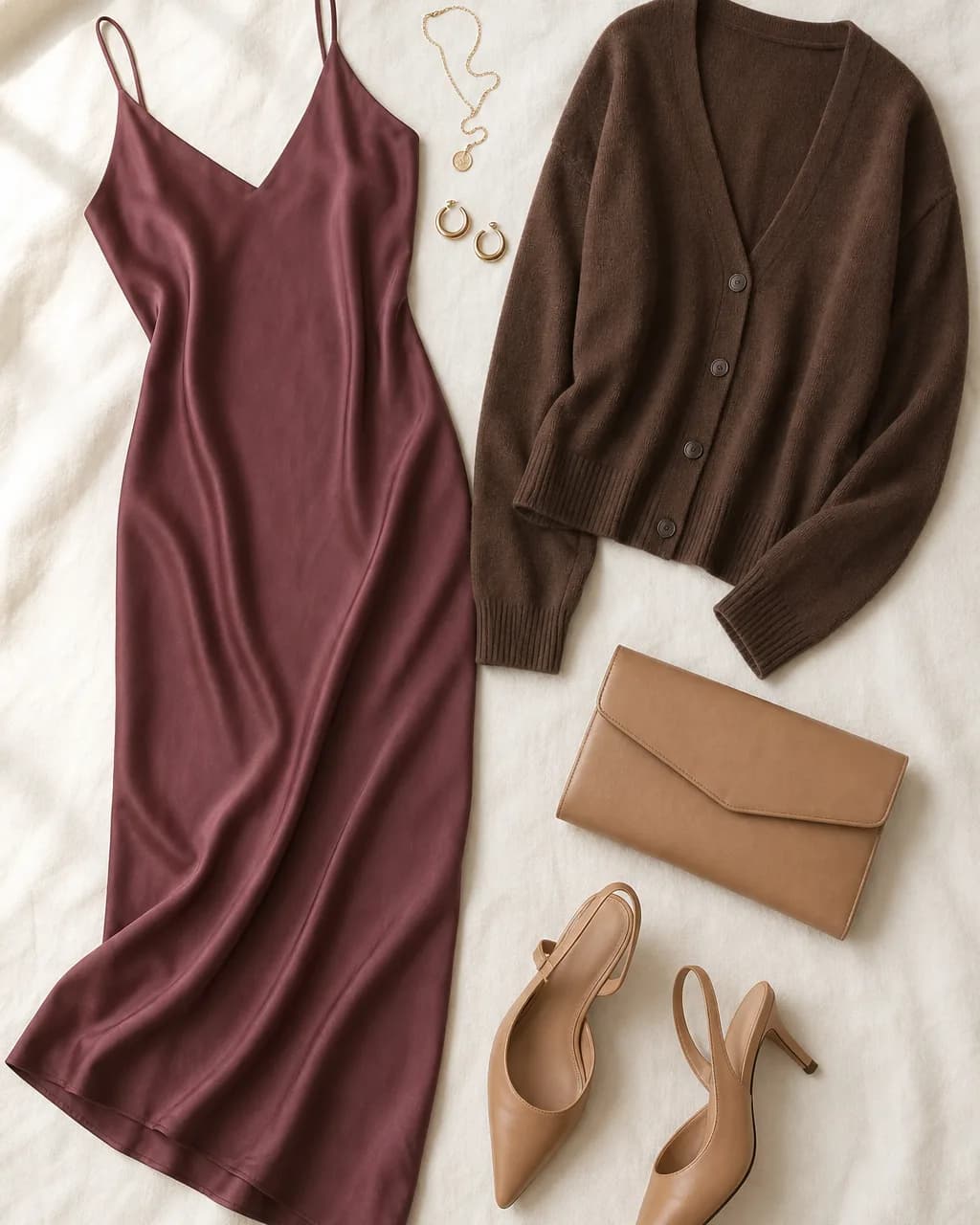 Soft Autumn evening outfit: slip dress in Plum #784048, fine-knit cardigan in Chocolate #6C5040, heels in Toffee #B8906C, clutch in Toffee #B8906C