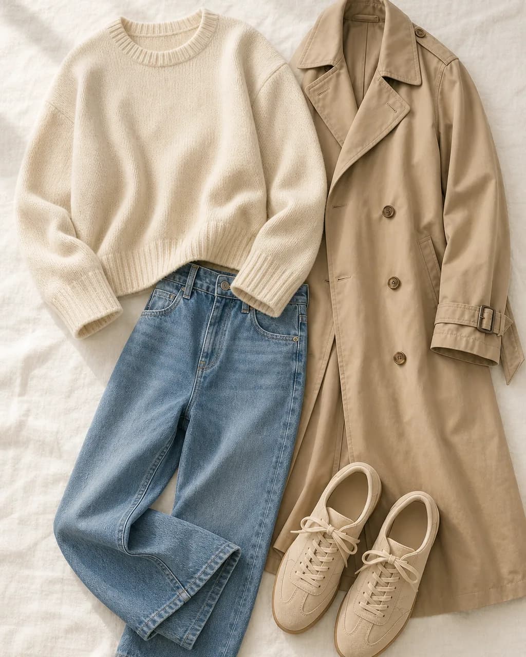 Soft Autumn everyday outfit: knit sweater in Cream #E8DED0, jeans (mid-wash) in Dusty Blue #6888A0, trench coat in Khaki #C8B098, sneakers in Sand #D8C8B0