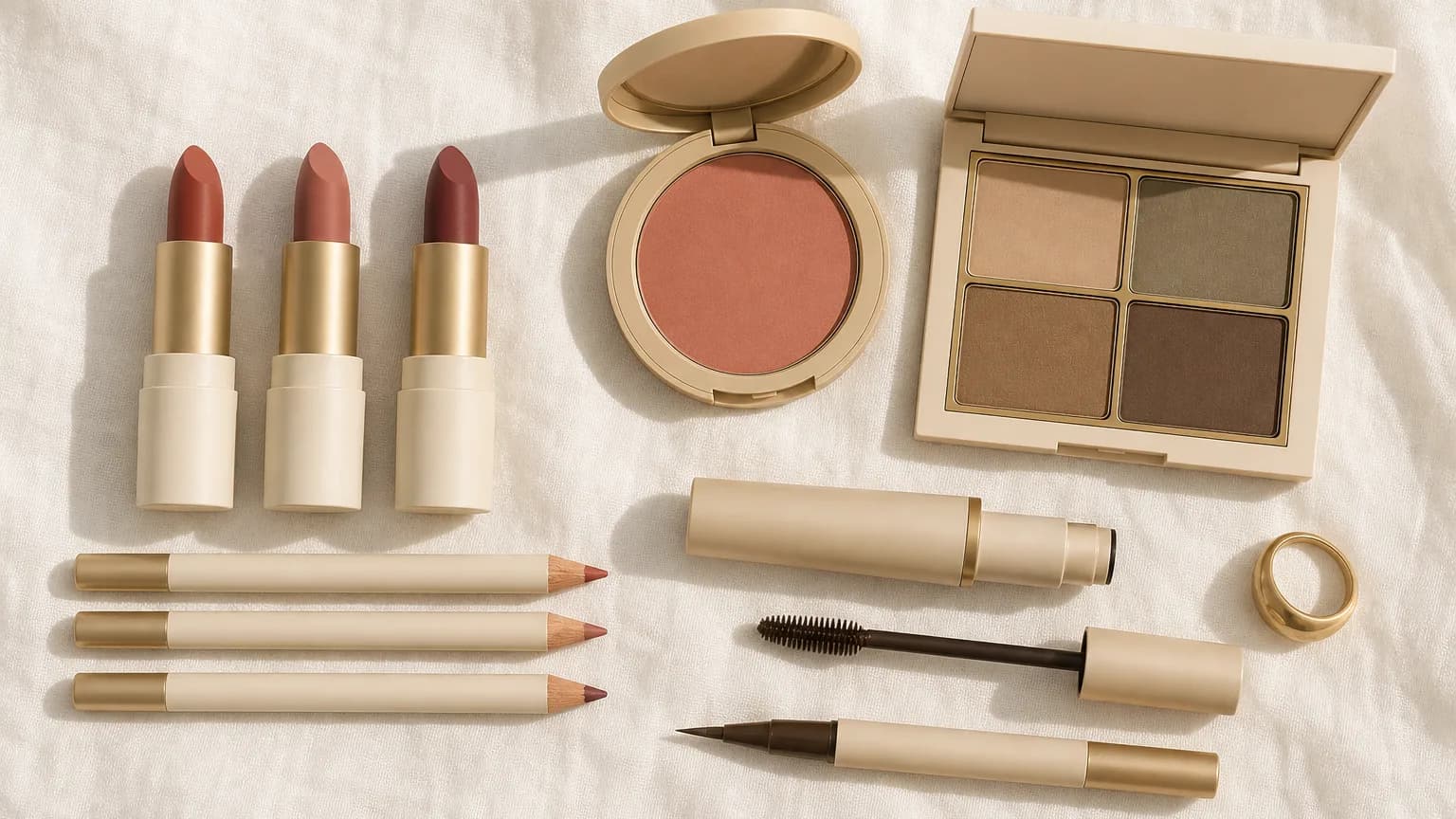 Soft Autumn makeup: lips in Terracotta #A85850, Rose #B87870 and Plum #784048; eyes in Camel #B8A078, Olive Brown #8C8470 and Bronze #907050