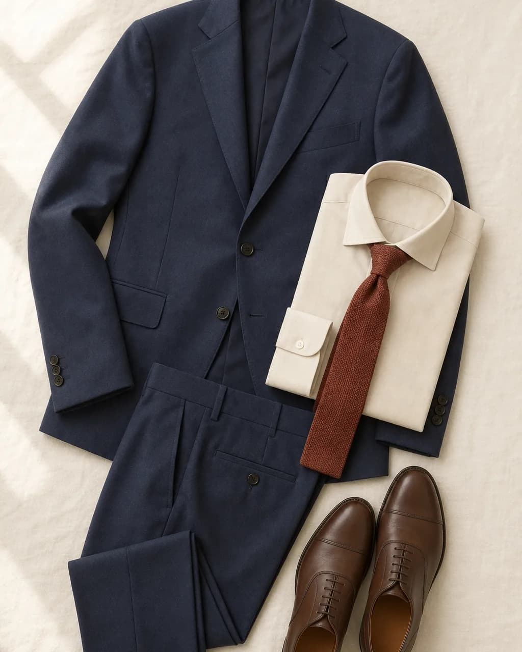 Soft Autumn men's outfit: suit in Navy #384860, shirt in Cream #E8DED0, knit tie in Rust #905048, shoes in Chocolate #6C5040