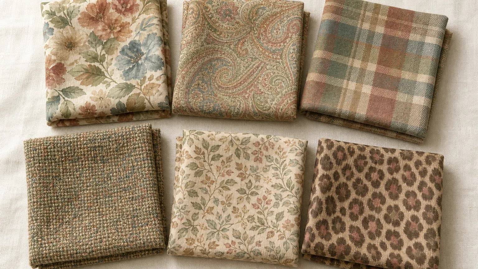 Soft Autumn prints: watercolor floral, tonal paisley, soft plaid, tweed and leaf print in Camel #B8A078, Sage #78A898, Terracotta #A85850, Olive Green #6C9068