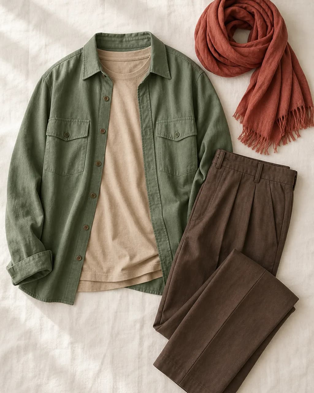 Soft Autumn weekend outfit: overshirt in Olive Green #6C9068, t-shirt in Sand #D8C8B0, trousers in Cocoa #685850, scarf in Terracotta #A85850