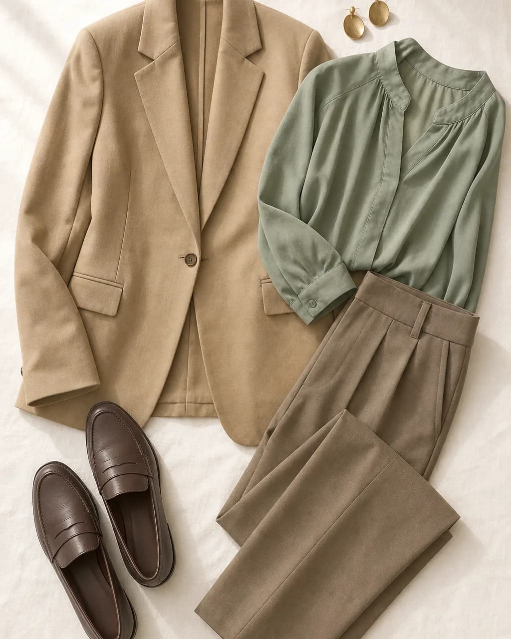 Soft Autumn work outfit: blazer in Camel #B8A078, blouse in Sage #78A898, trousers in Mushroom #988870, loafers in Cocoa #685850