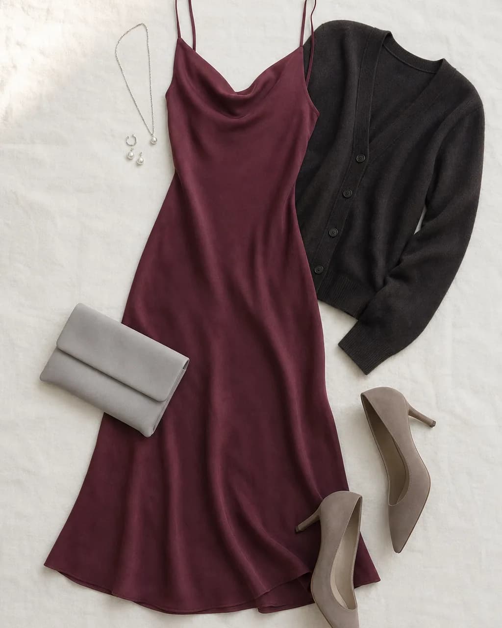 Soft Summer evening outfit: slip dress in Wine #843848, fine-knit cardigan in Charcoal #322C2A, heels in Taupe #B5A8A0, clutch in Soft Gray #C4C4C1