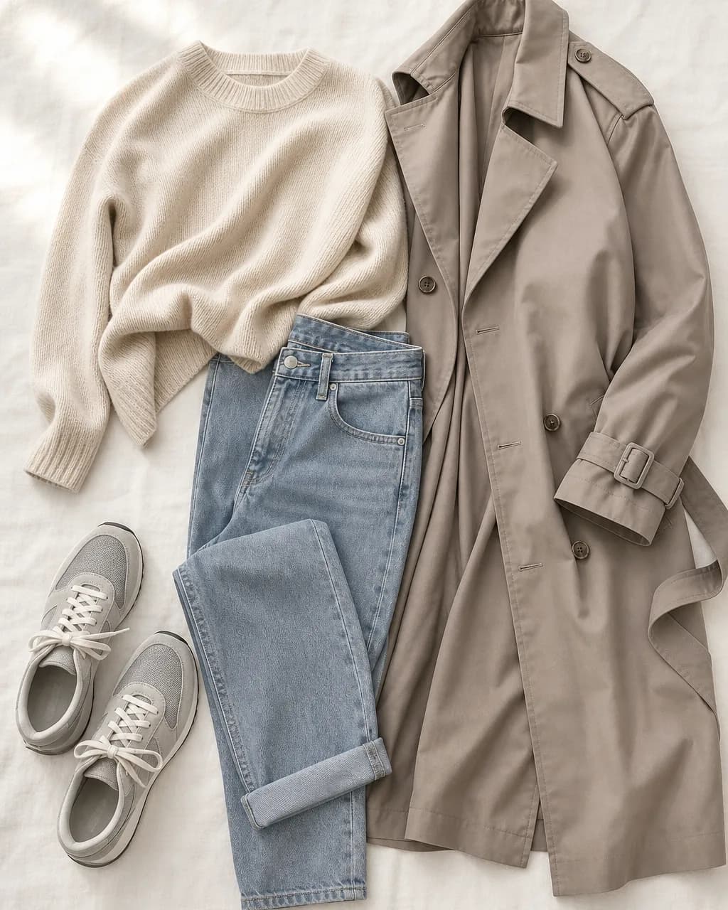 Soft Summer everyday outfit: knit sweater in Cream #E5DED7, jeans (mid-wash) in Steel Blue #8A99A8, trench coat in Taupe #B5A8A0, sneakers in Soft Gray #C4C4C1