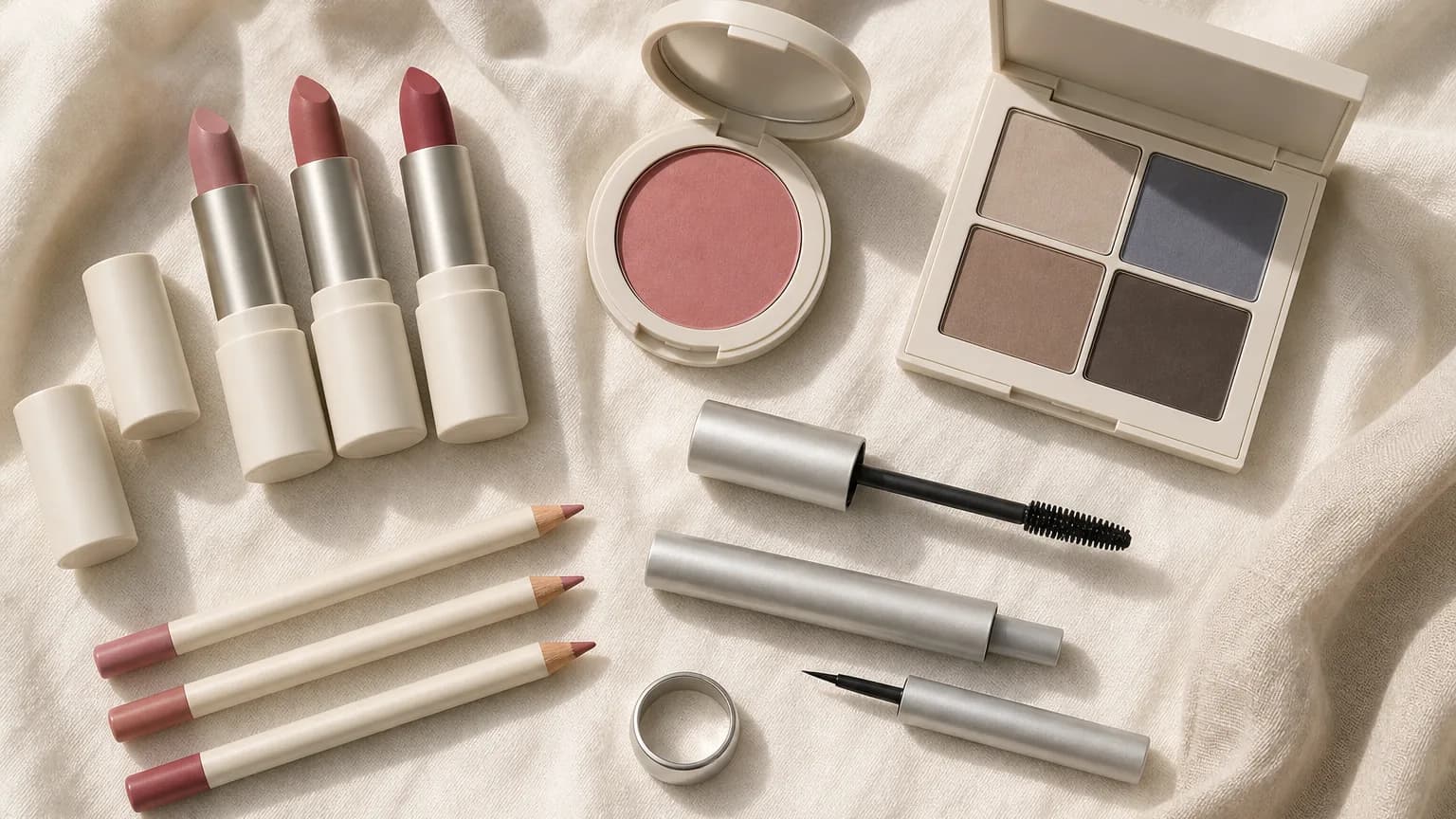 Soft Summer makeup: lips in Dusty Rose #C89EA8, Rose #C57788, Mauve #A85A6A; eyes in Taupe #B5A8A0, Pewter Blue #7A8297, Mushroom #8A7A72