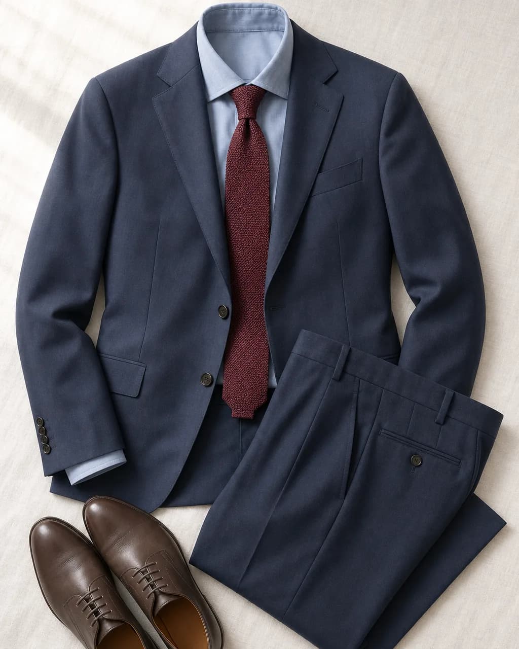 Soft Summer men's outfit: suit in Navy #424C5C, shirt in Powder Blue #9AA8BA, knit tie in Wine #843848, shoes in Cocoa #625751