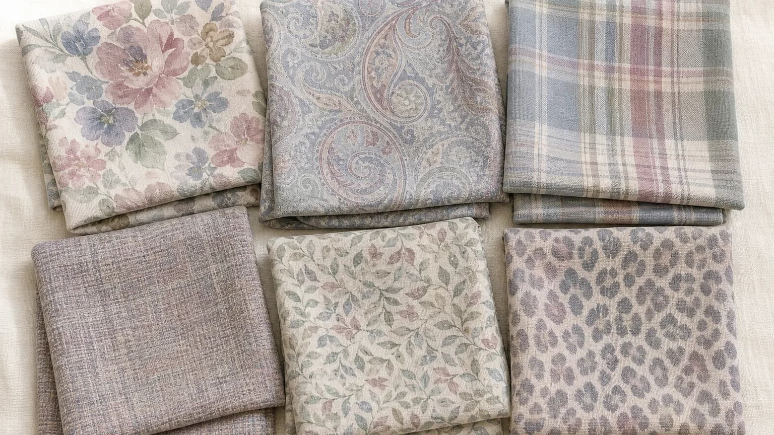 Soft Summer prints: watercolor floral, tonal paisley, plaid, tweed and leaf print in Soft Gray #C4C4C1, Powder Blue #9AA8BA, Dusty Rose #C89EA8, Sage Green #6BA892