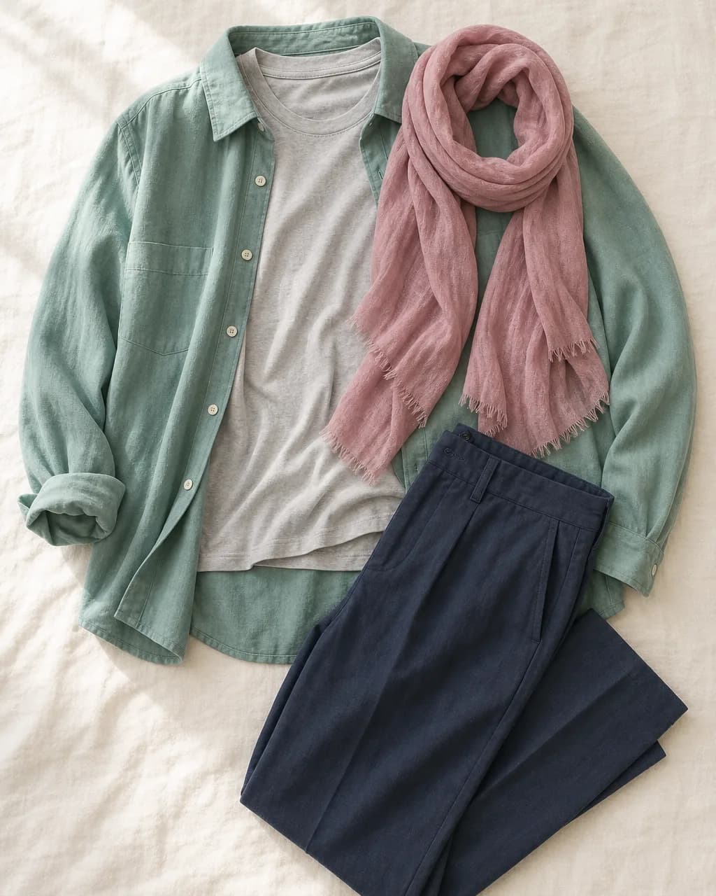 Soft Summer weekend outfit: overshirt in Sage Green #6BA892, t-shirt in Soft Gray #C4C4C1, trousers in Navy #424C5C, scarf in Dusty Rose #C89EA8