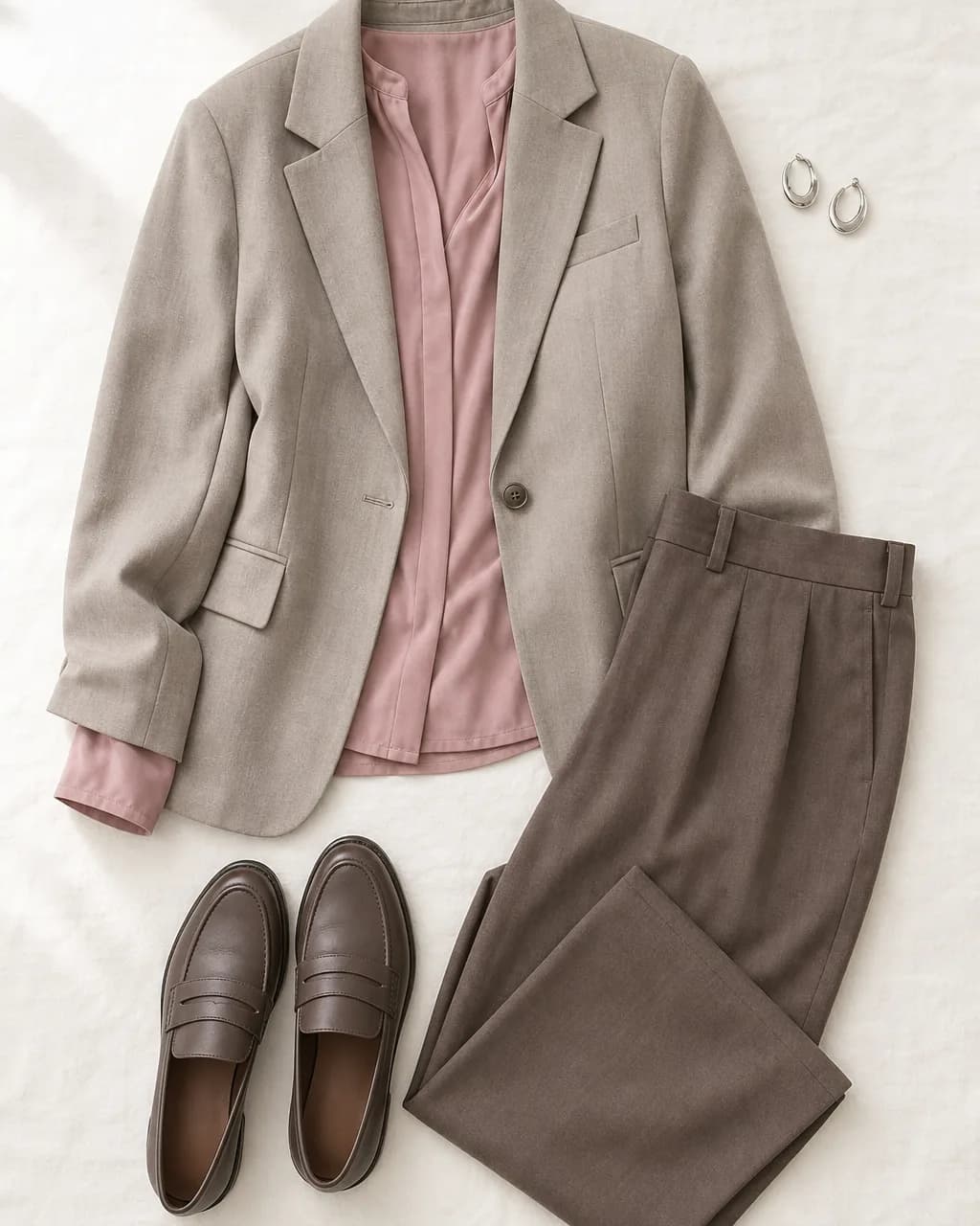 Soft Summer work outfit: blazer in Greige #AEA39A, blouse in Dusty Rose #C89EA8, trousers in Stone #7B6A62, loafers in Cocoa #625751
