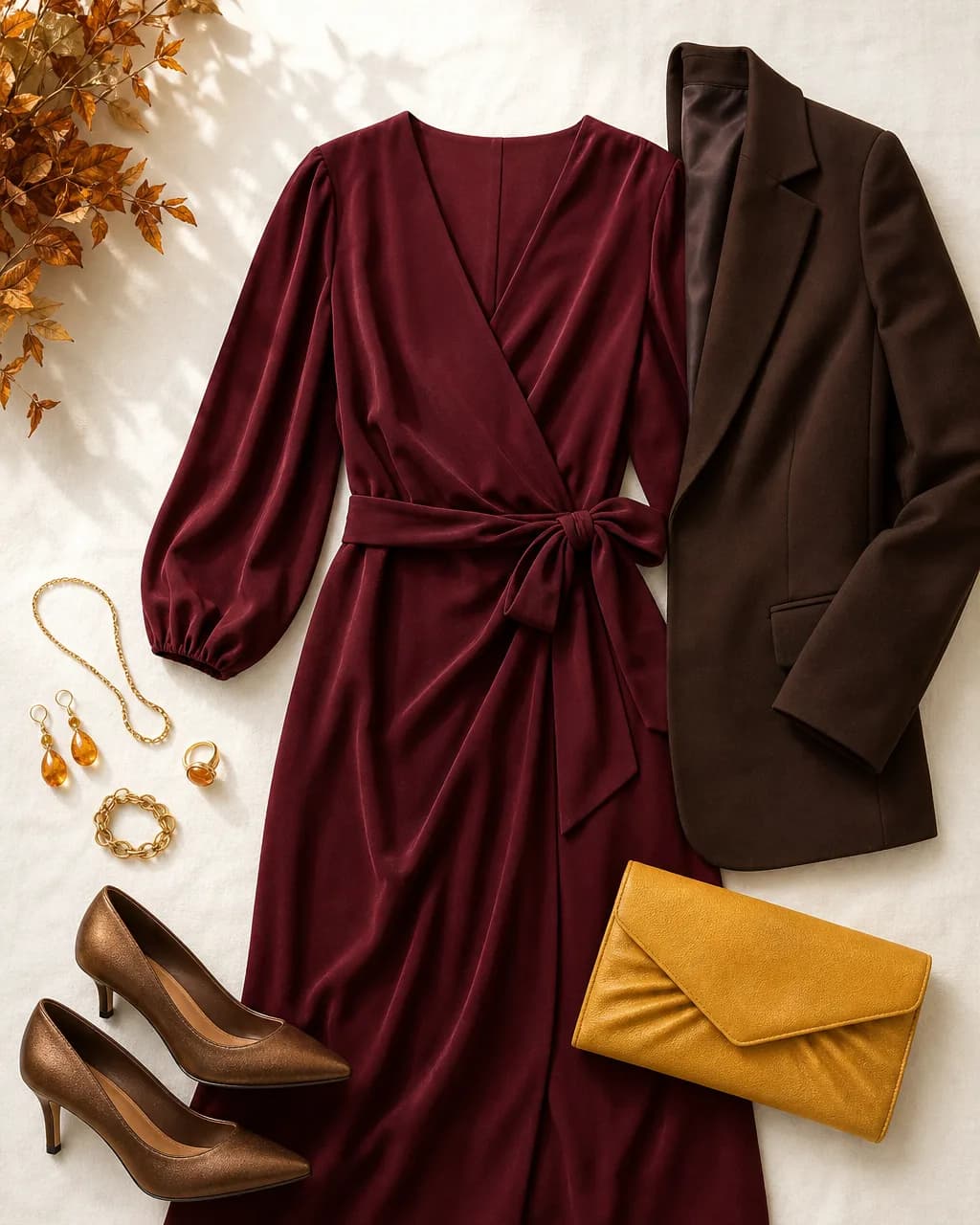 Warm Autumn evening outfit: wrap dress in Wine #782840, jacket in Espresso #483020, heels in Bronze #987028, clutch in Goldenrod #D8B048
