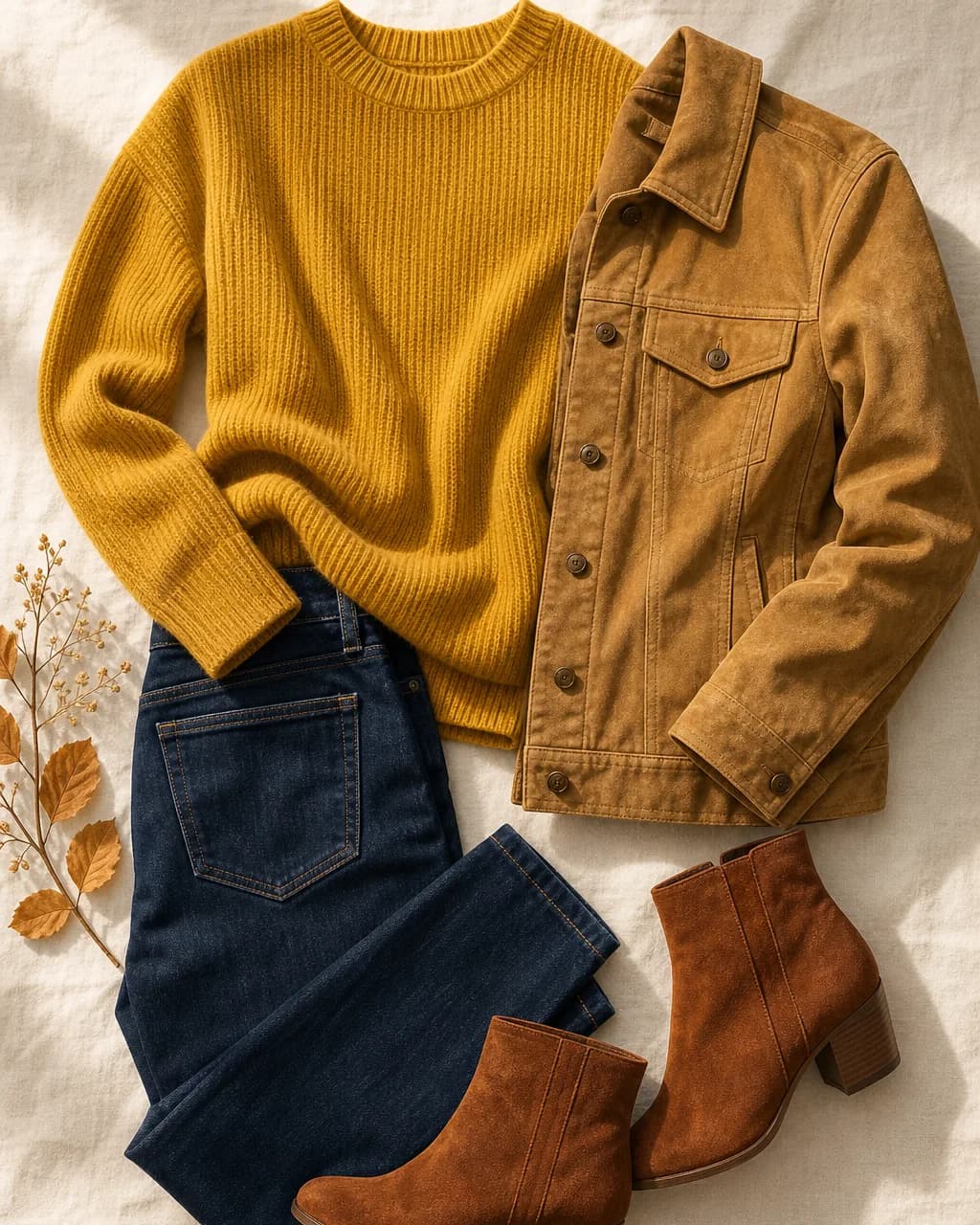 Warm Autumn everyday outfit: knit sweater in Mustard #C89830, jeans (dark wash) in Navy #243A58, suede jacket in Tan #A88850, boots in Rust Brown #785030