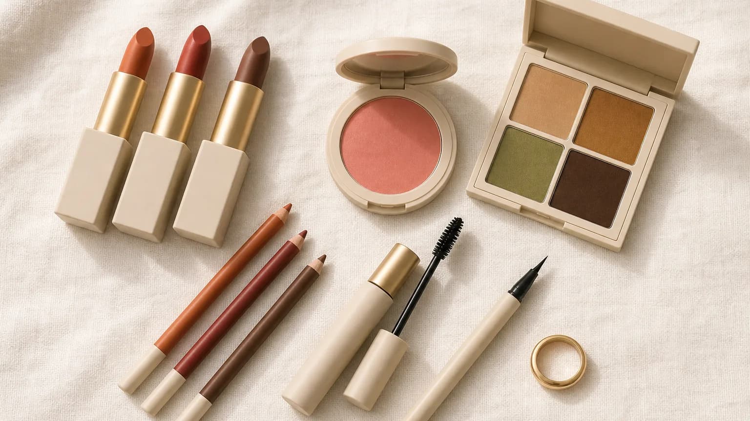 Warm Autumn makeup: lips in Terra Cotta #C86838, Rust #A83828, Rust Brown #785030; eyes in Camel #C0A068, Bronze #987028, Olive #889848