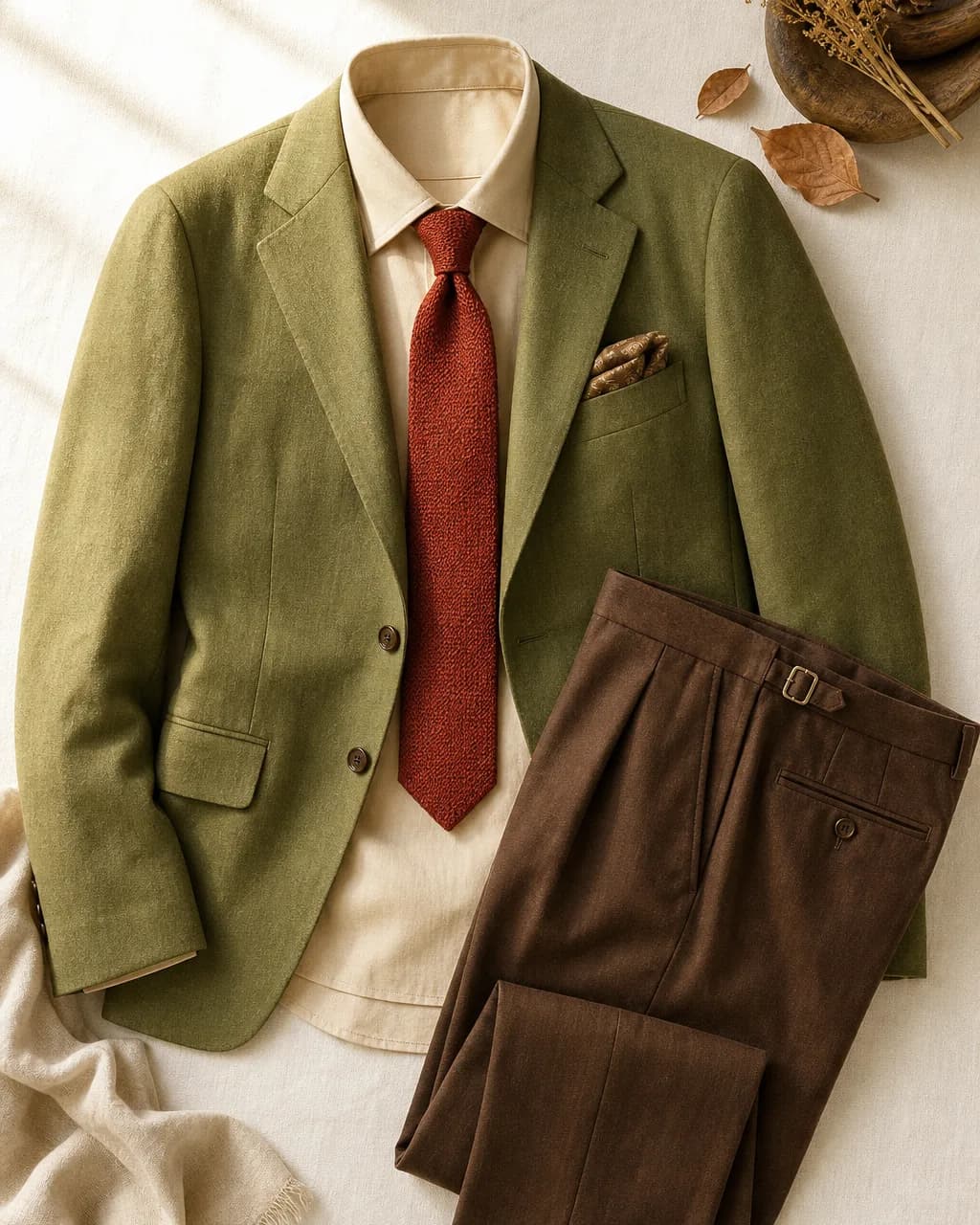 Warm Autumn men's outfit: sport coat in Olive #889848, shirt in Cream #D8C8A8, knit tie in Rust #A83828, trousers in Chocolate #604028