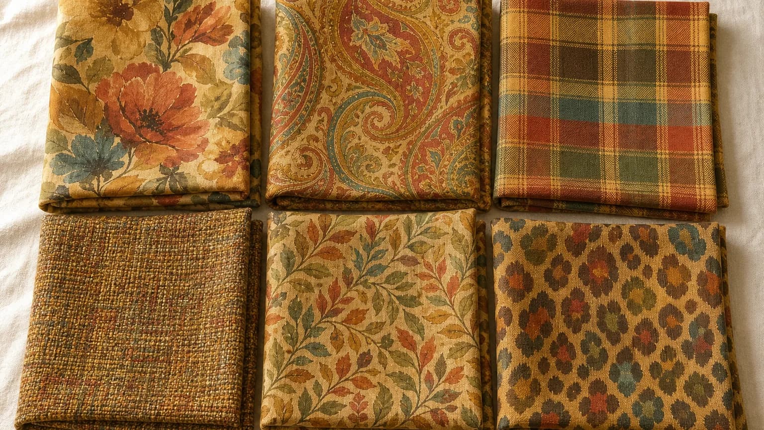 Warm Autumn prints: watercolor floral, tonal paisley, plaid, tweed and leaf print in Mustard #C89830, Rust #A83828, Olive #889848, Toffee #906840