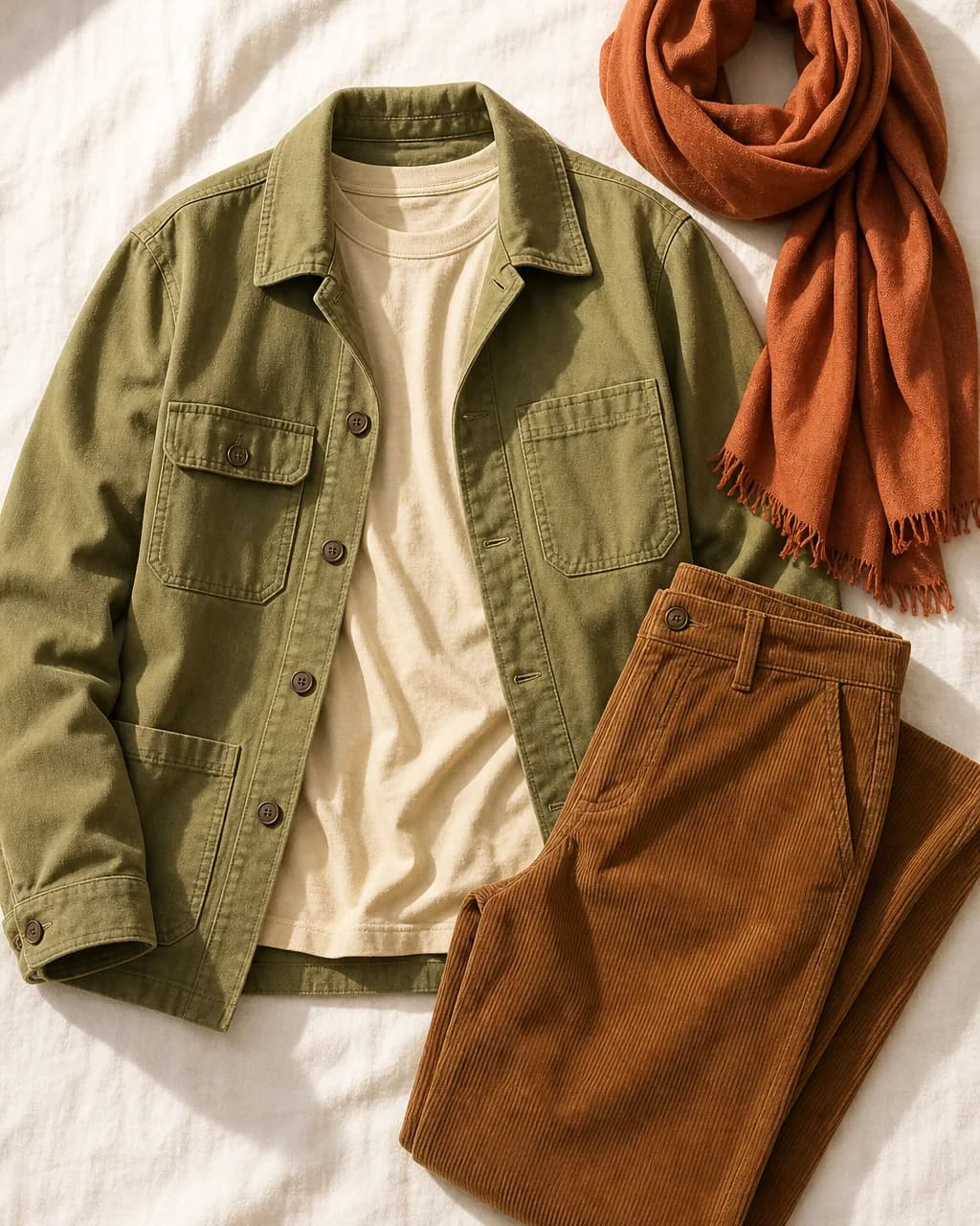 Warm Autumn weekend outfit: utility jacket in Olive #889848, t-shirt in Cream #D8C8A8, corduroy trousers in Toffee #906840, scarf in Terra Cotta #C86838