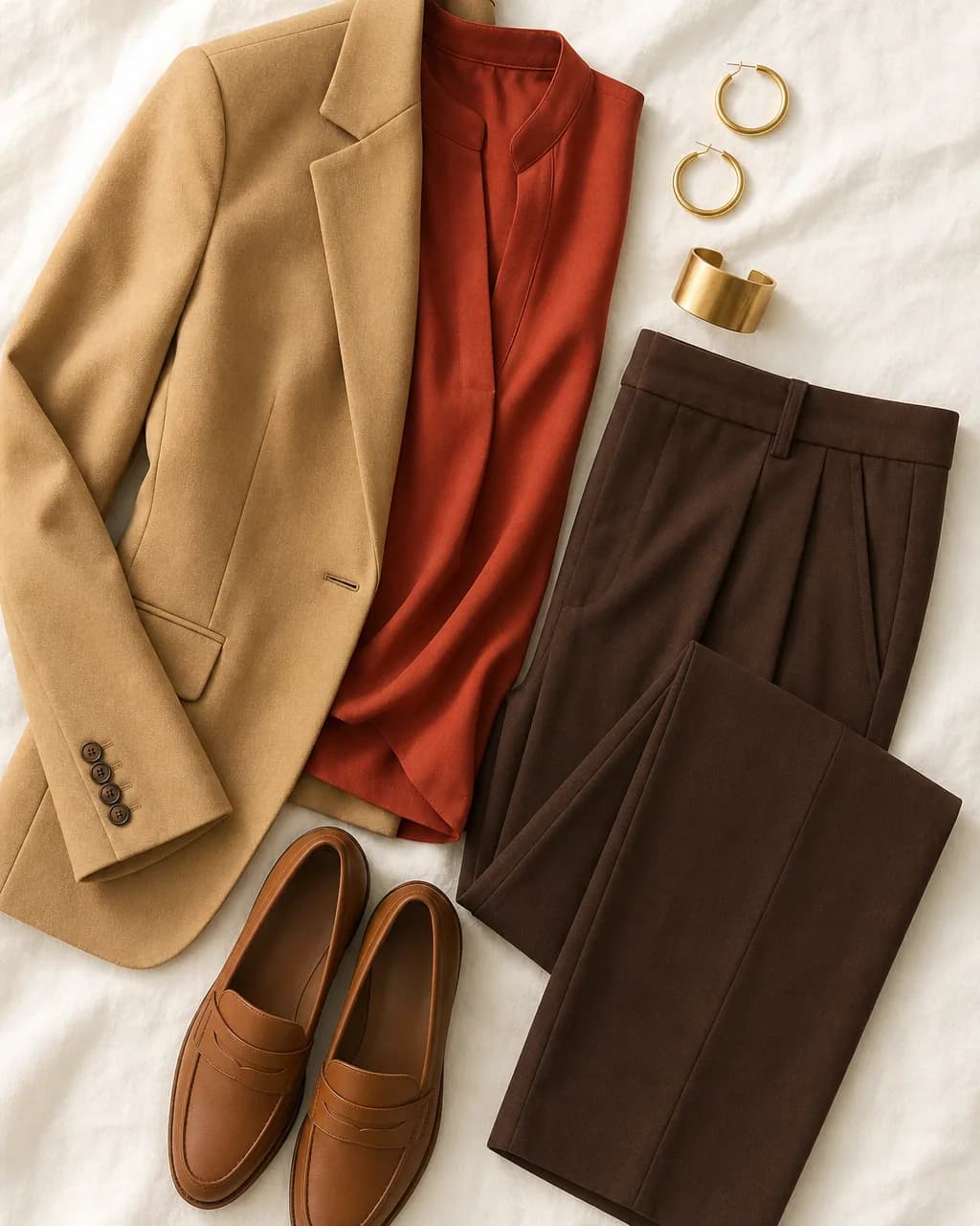 Warm Autumn work outfit: blazer in Camel #C0A068, blouse in Rust #A83828, trousers in Chocolate #604028, loafers in Toffee #906840
