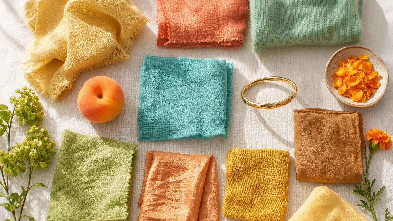 Warm Spring color palette: Butter Yellow #F0D06C, Coral #EA9878, Turquoise #68C0A8, Spring Green #78C868, Peach #D89860, Golden Yellow #D8A838, Caramel #B08050, Cream #F5D89A