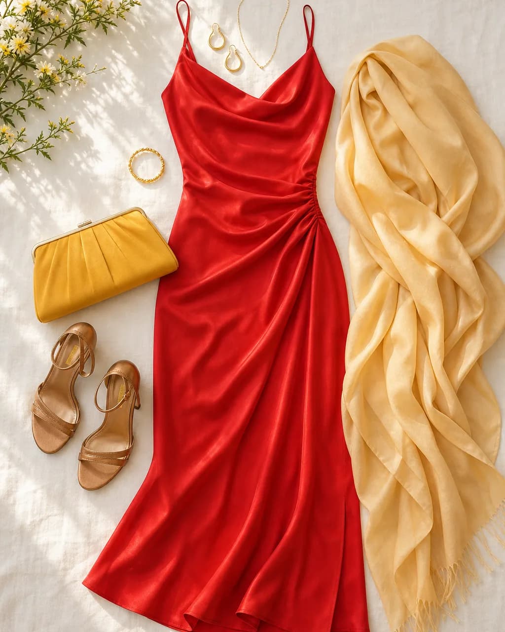 Warm Spring evening outfit: dress in True Red #C8382C, wrap in Cream #F5D89A, heels in Bronze #C89060, clutch in Golden Yellow #D8A838