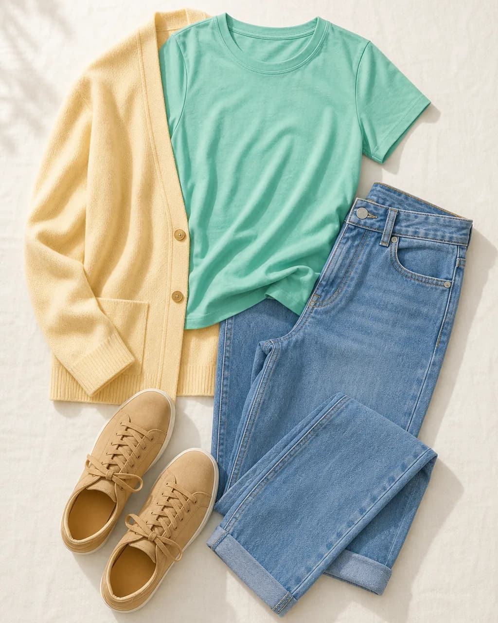Warm Spring everyday outfit: t-shirt in Turquoise #68C0A8, jeans (mid-wash) in Cornflower #7895C8, cardigan in Cream #F5D89A, sneakers in Tan #C8A878