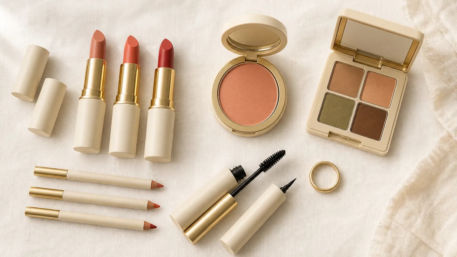 Warm Spring makeup: lips in Coral #EA9878, Salmon #E87858, True Red #C8382C; eyes in Caramel #B08050, Bronze #C89060, Olive #889048