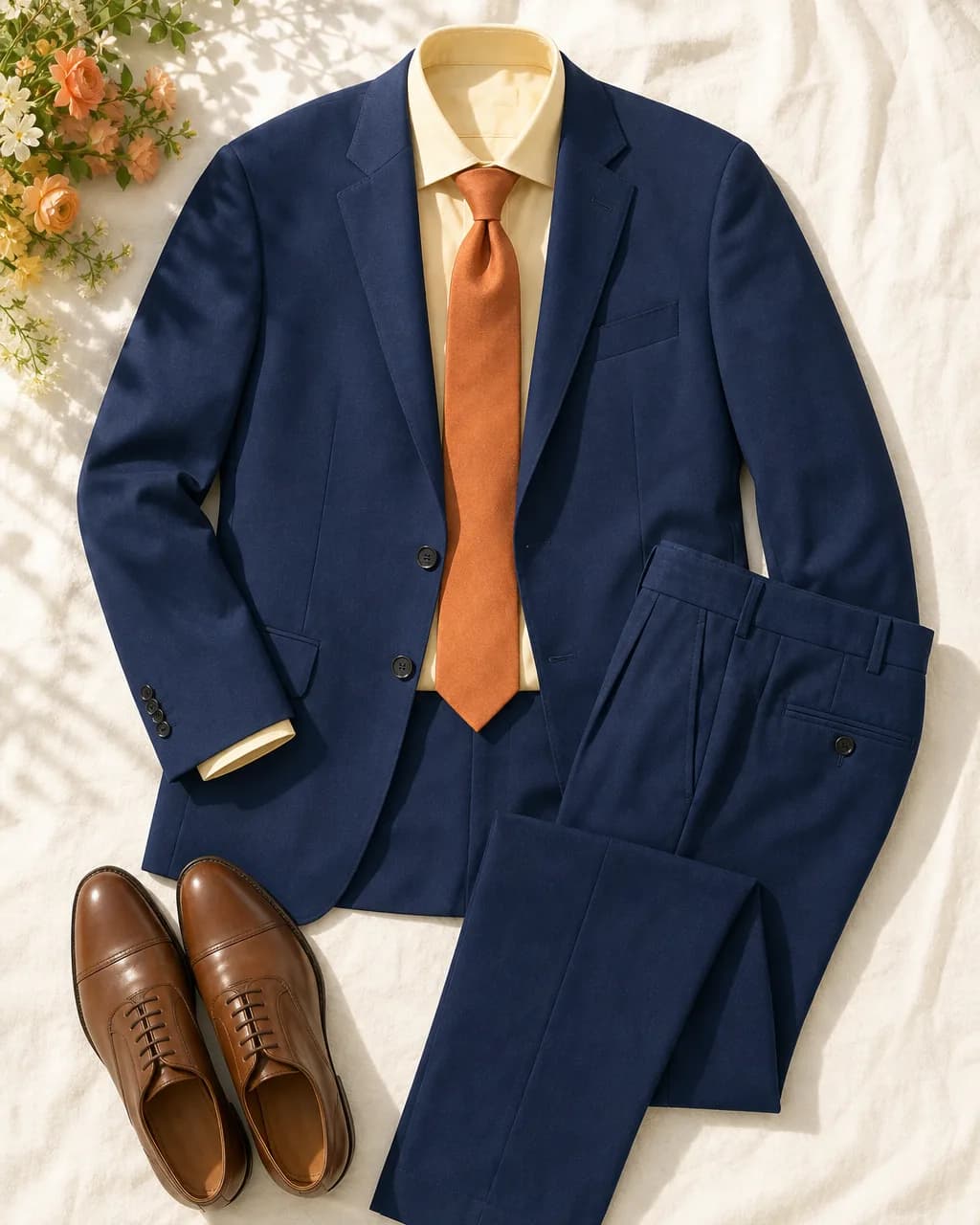 Warm Spring men's outfit: suit in Navy #1E4080, shirt in Cream #F5D89A, tie in Terra Cotta #CF7840, shoes in Brown #8C6840