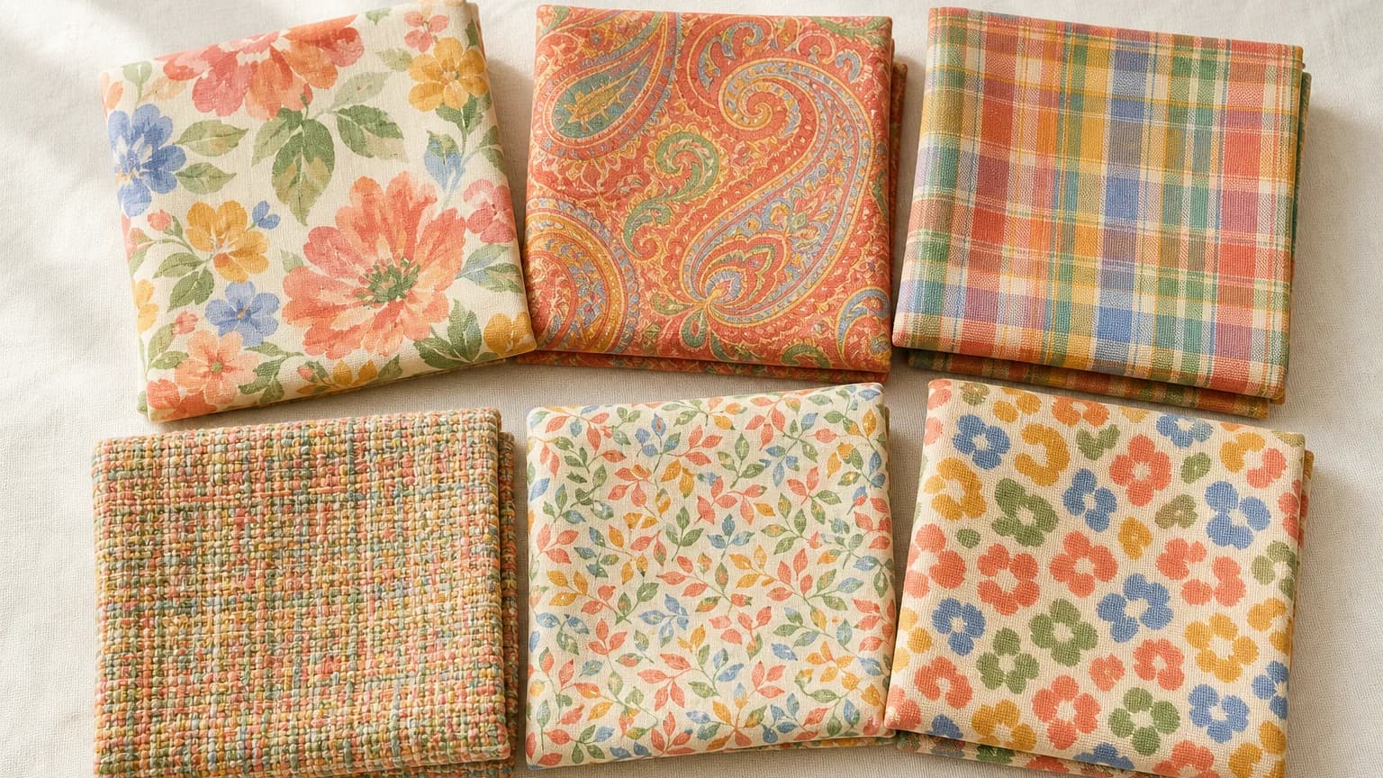 Warm Spring prints: watercolor floral, tonal paisley, plaid, tweed and leaf print in Coral #EA9878, Turquoise #68C0A8, Golden Yellow #D8A838, Grass Green #60B050