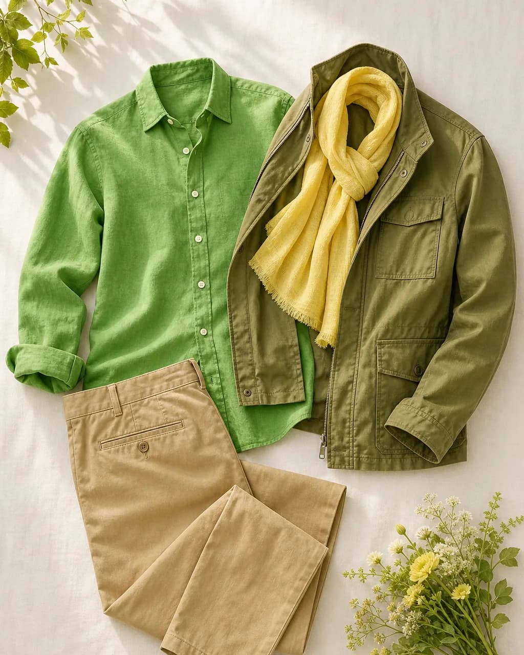 Warm Spring weekend outfit: linen shirt in Grass Green #60B050, chinos in Tan #C8A878, jacket in Olive #889048, scarf in Butter Yellow #F0D06C