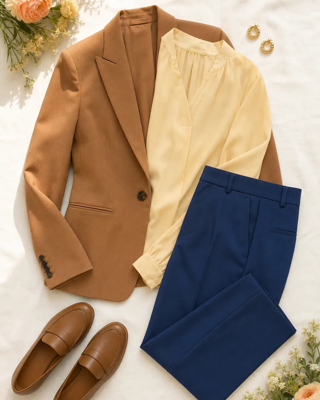 Warm Spring work outfit: blazer in Caramel #B08050, blouse in Cream #F5D89A, trousers in Navy #1E4080, loafers in Brown #8C6840