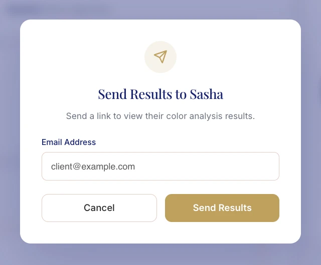 Hathaura Send Results window: email the client a link to their color analysis results